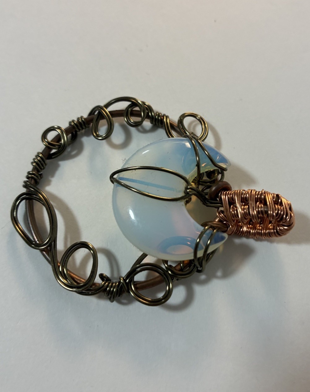 Handmade Wire Wrapped Opalite Crescent Moon Pendant Bronze Copper Tone Boho