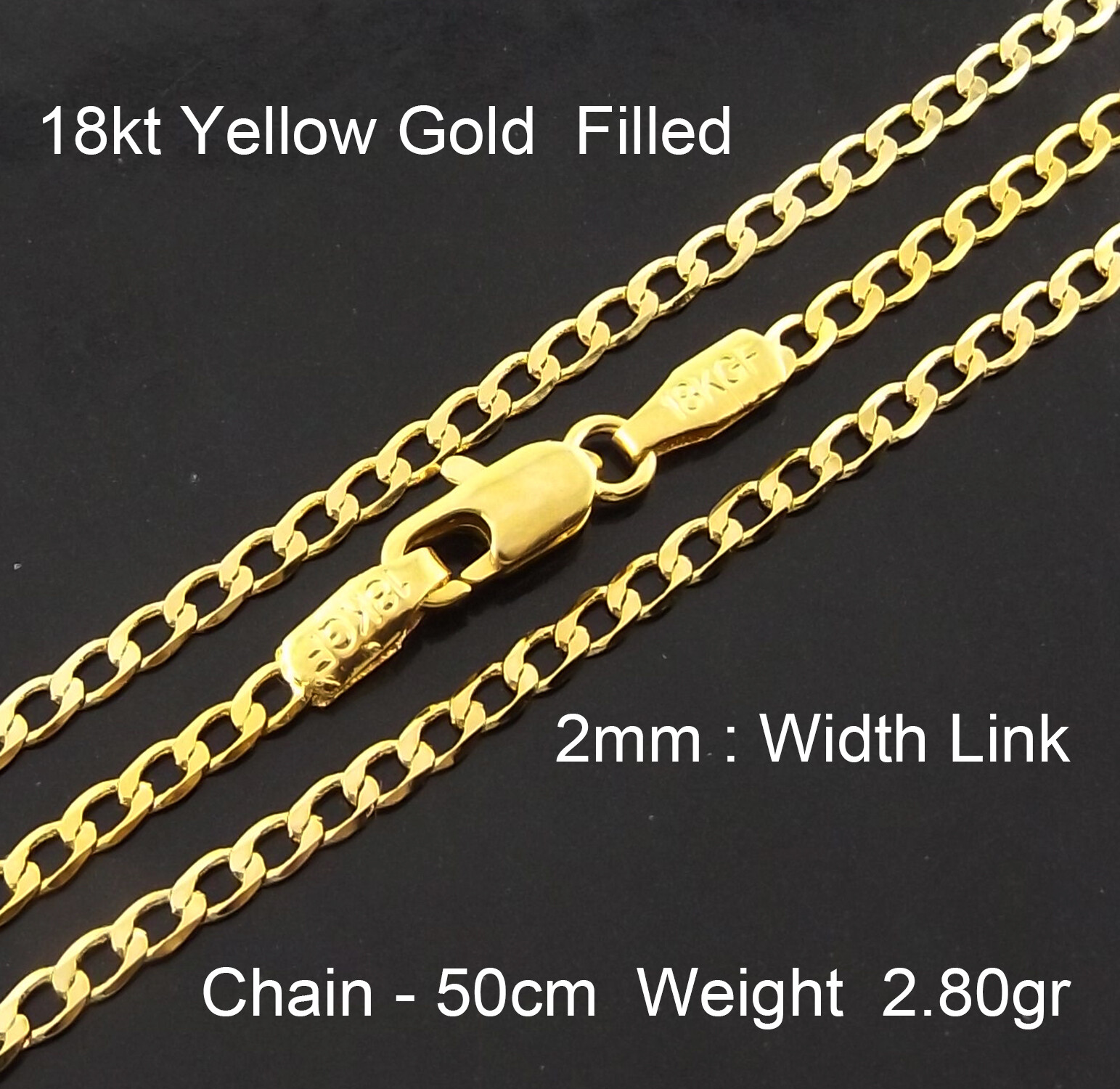 Necklace Real 18Kt Yellow Gold Filled Solid 2mm Curb Cuban Chain 50 cm : 20 inch