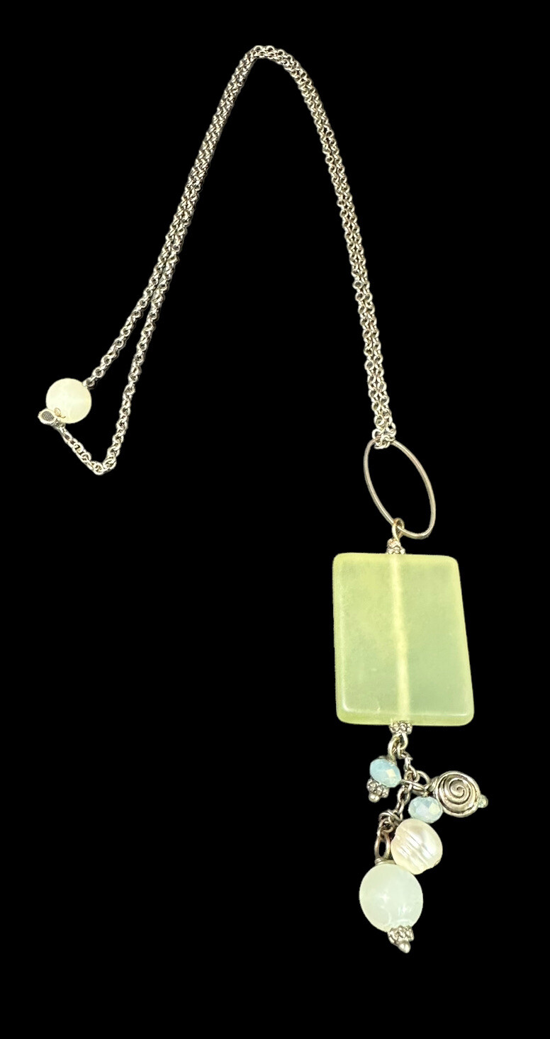 Artisan Necklace Silver Plate Carved Jade Pearl Crystal Glass Beaded Modernist