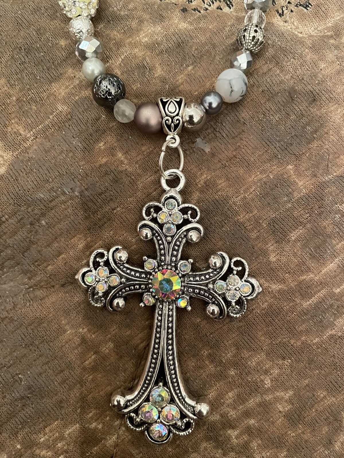 Victorian Silver Filigree Large Cross Pendant Hematite Crystal Bead Necklace