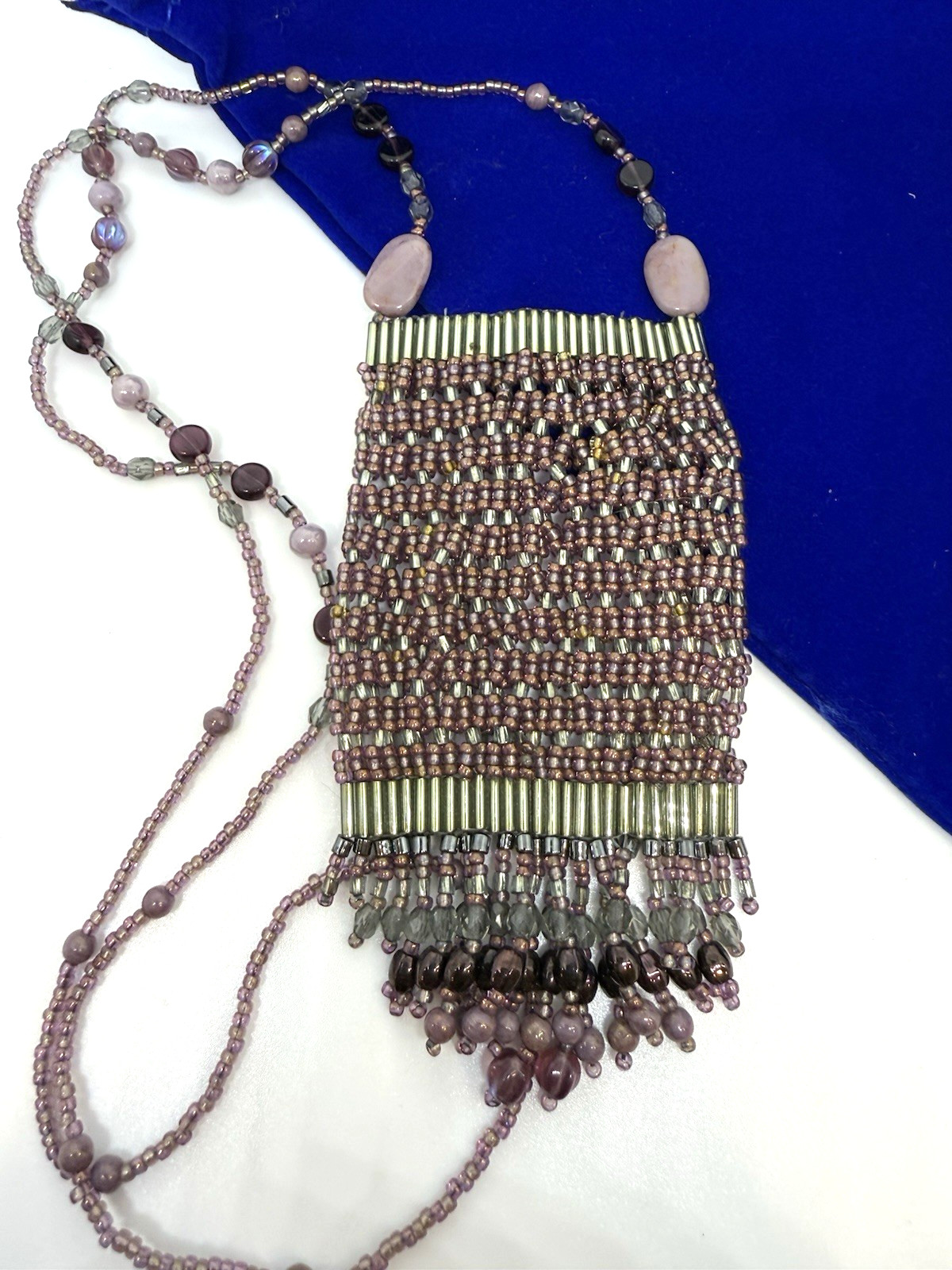 Bead Embroidery Fringe Iridescent Purple Necklace Handmade