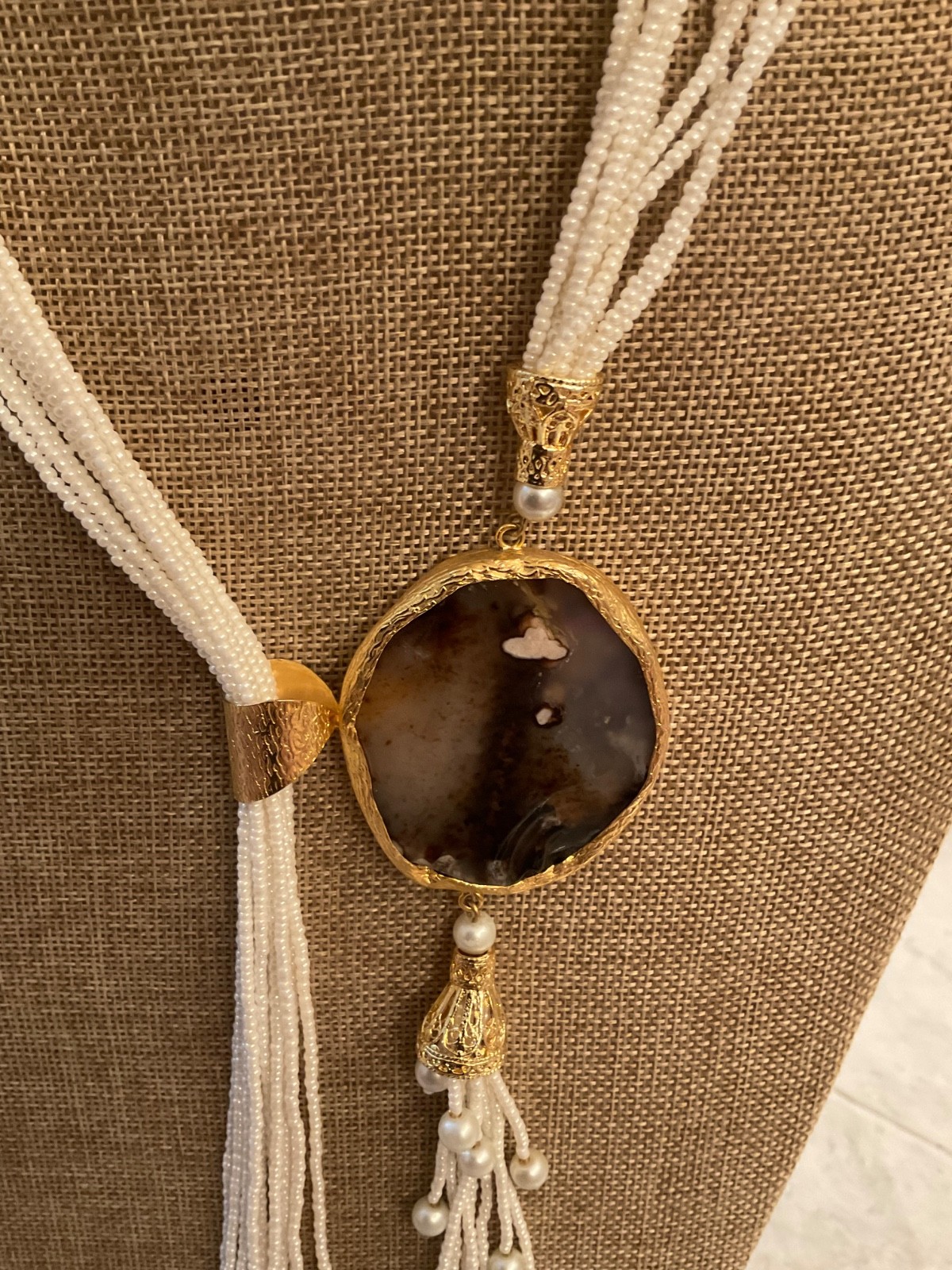 Handmade Necklace w/Long String of Pearls/Gold Plated w/STONE UNIQUE/from TURKEY