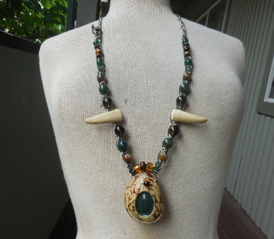 Green Jade Tagua Stash Adjustable Hemp Necklace w/ Elk Antler Tips Smoky Quartz