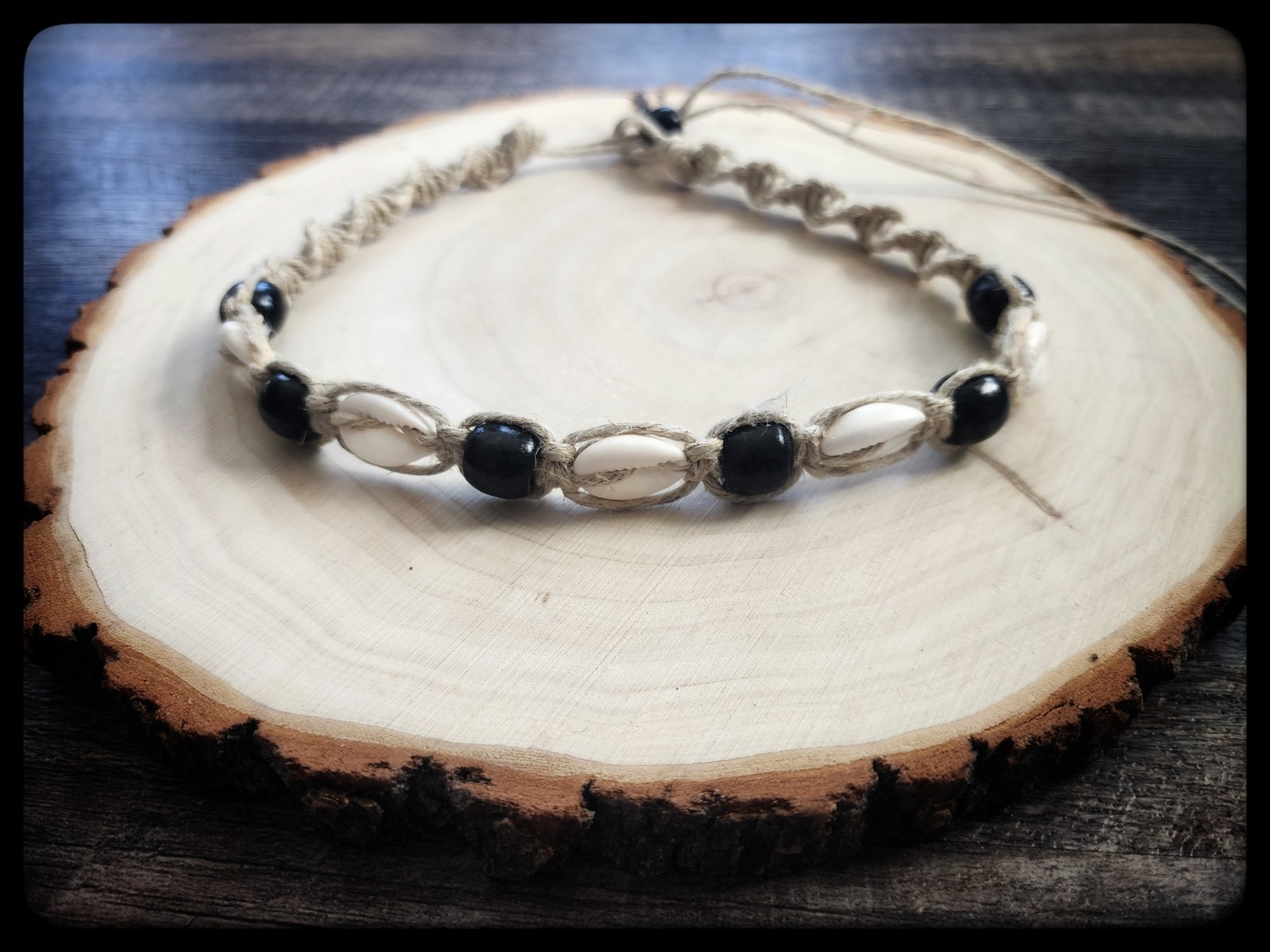 Cowrie Shell Hemp Necklace / Choker with Black Wood Beads