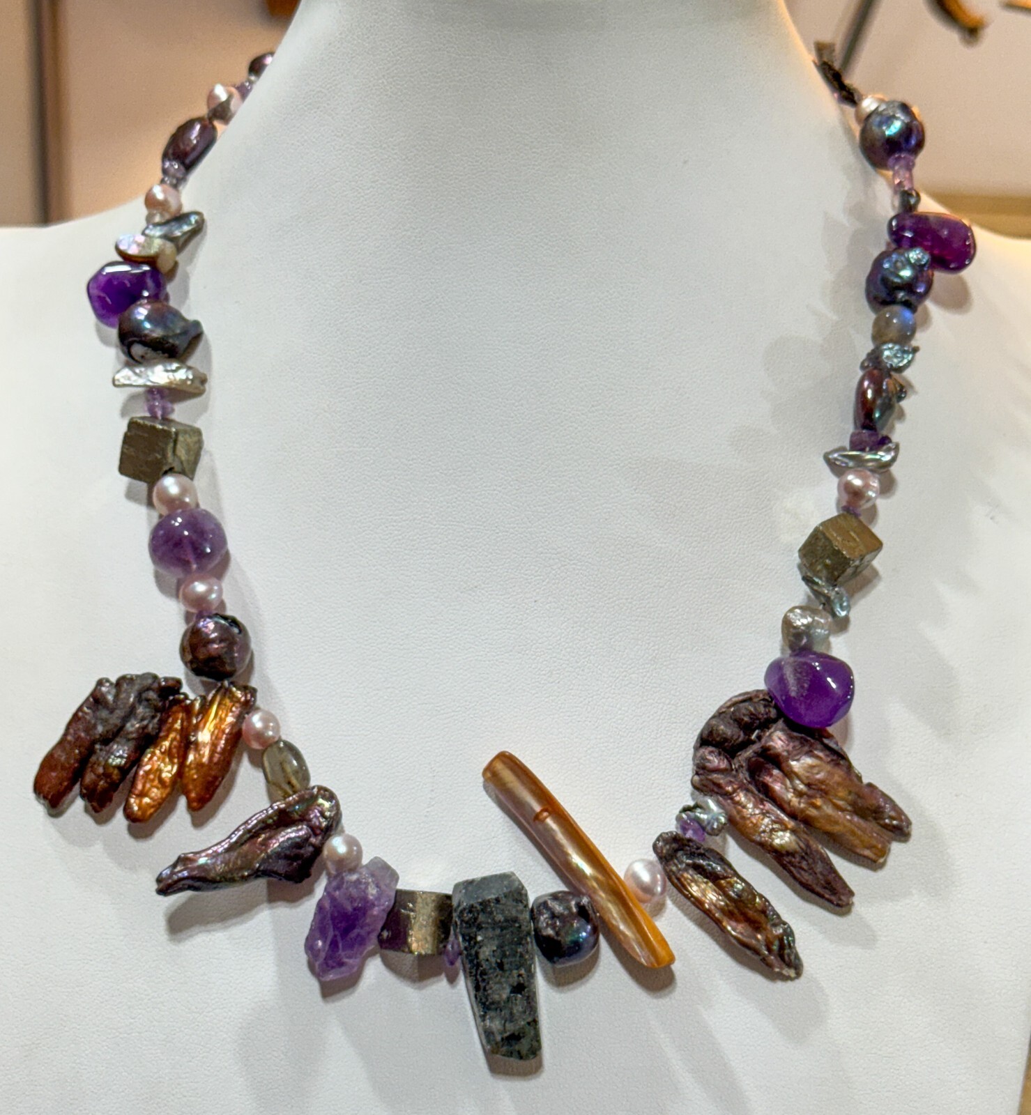 Stick Pearl Amethyst Pyrite Cultured Freshwater Silver Tone Choker Necklace