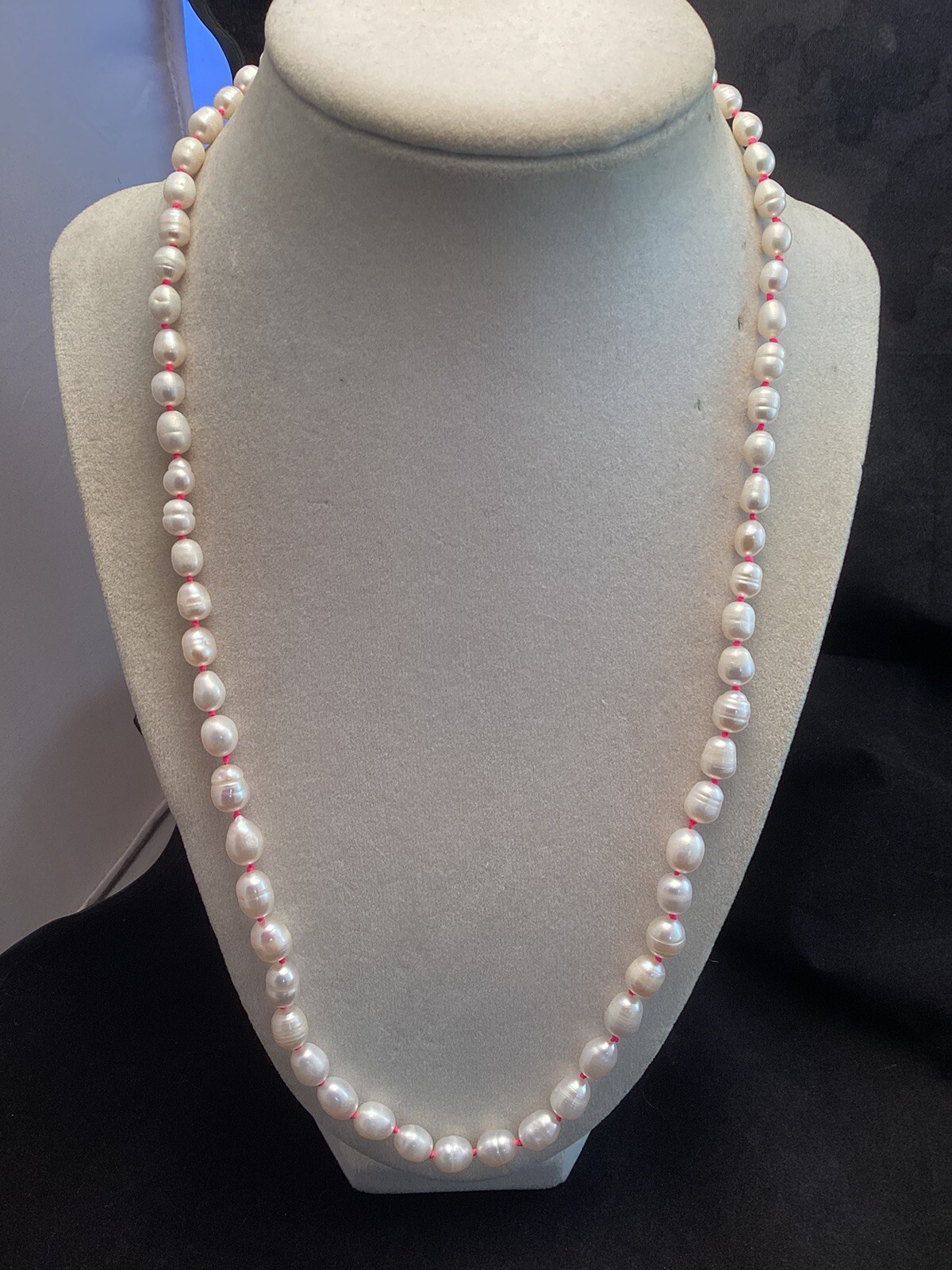 Handmade Pink Knotted Sterling Silver 5mm-7mm White Pearl Necklace 23”