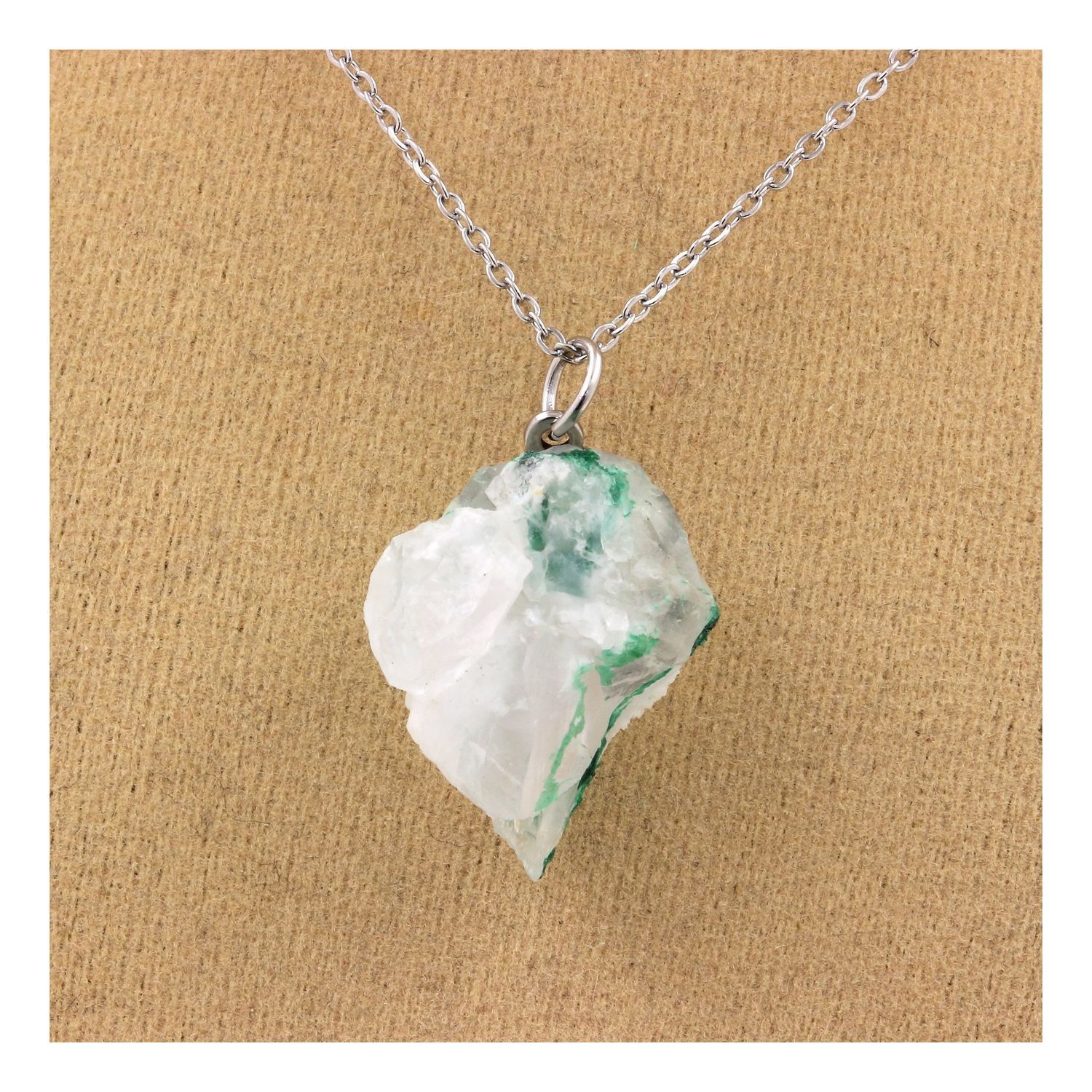 stones And Minerals. Quartz + Raw Malachite Necklace. 21.57 Ct. Kipushi Mine, H
