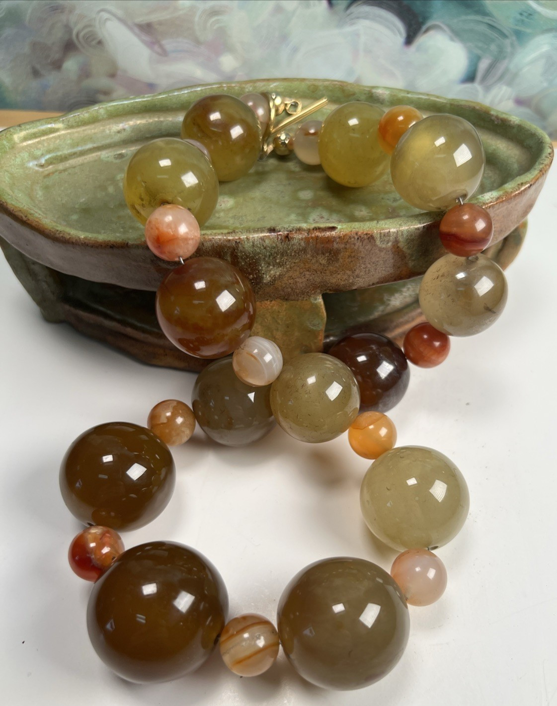 Vintage Handcrafted Shades of Olive Green & Gray Agate 24” Necklace