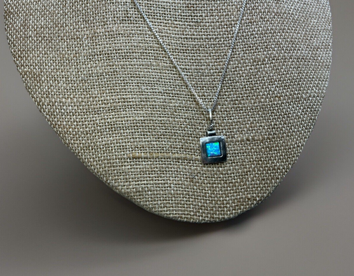 Handmade Didea 925 Sterling Inlaid Fire Opal Square Pendent Necklace 18.5” 3.5g