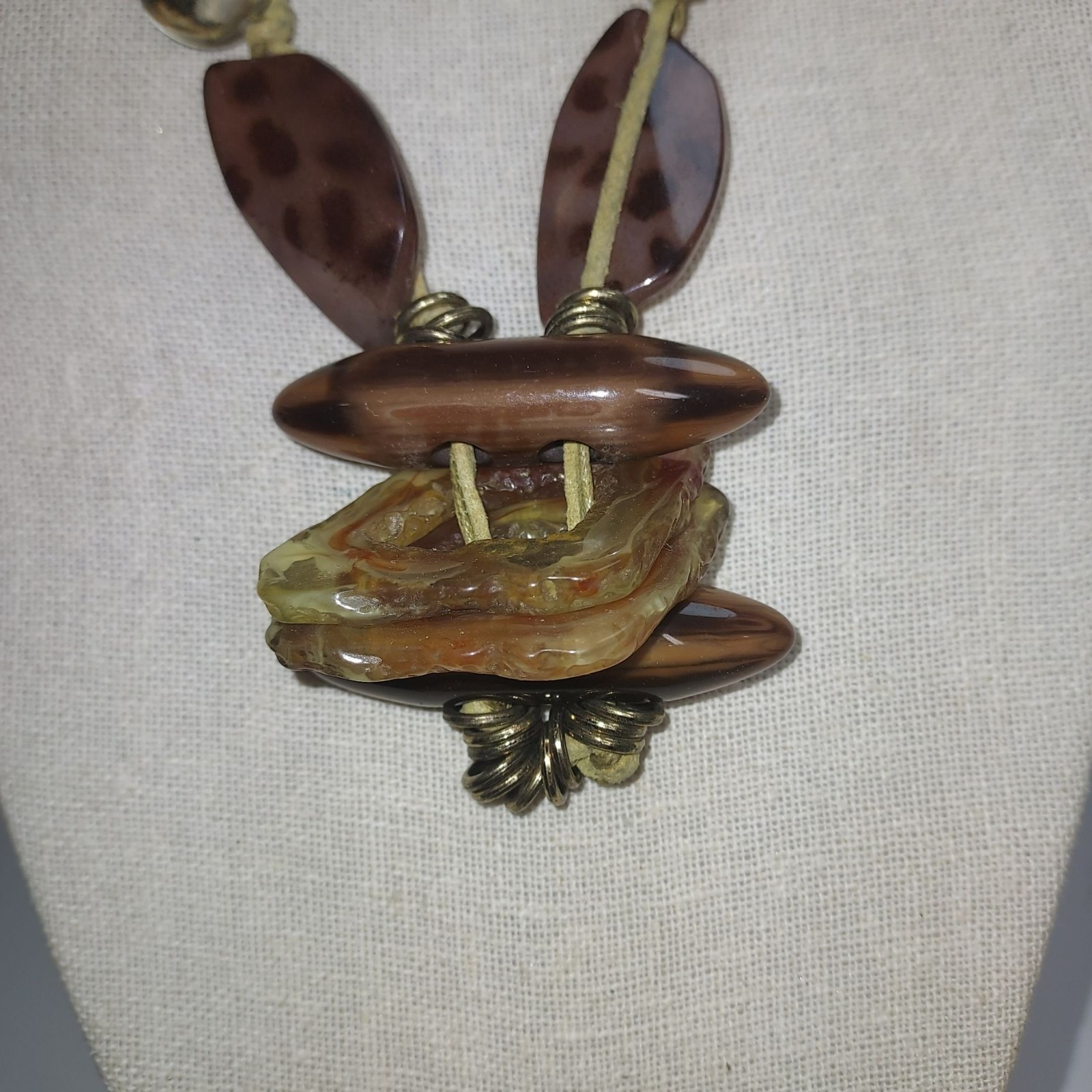 Handcrafted Bohemian Necklace With Earthy Beads Leather Cord & Unique Pendant 16