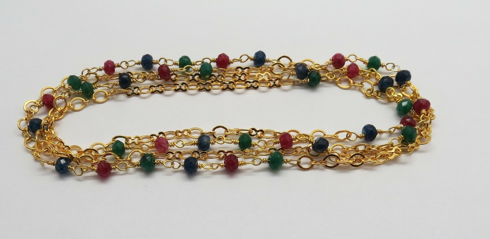 Gemstone Beaded Necklace 22K Gold Chain Emerald Ruby Sapphire Beads 30″ Endless