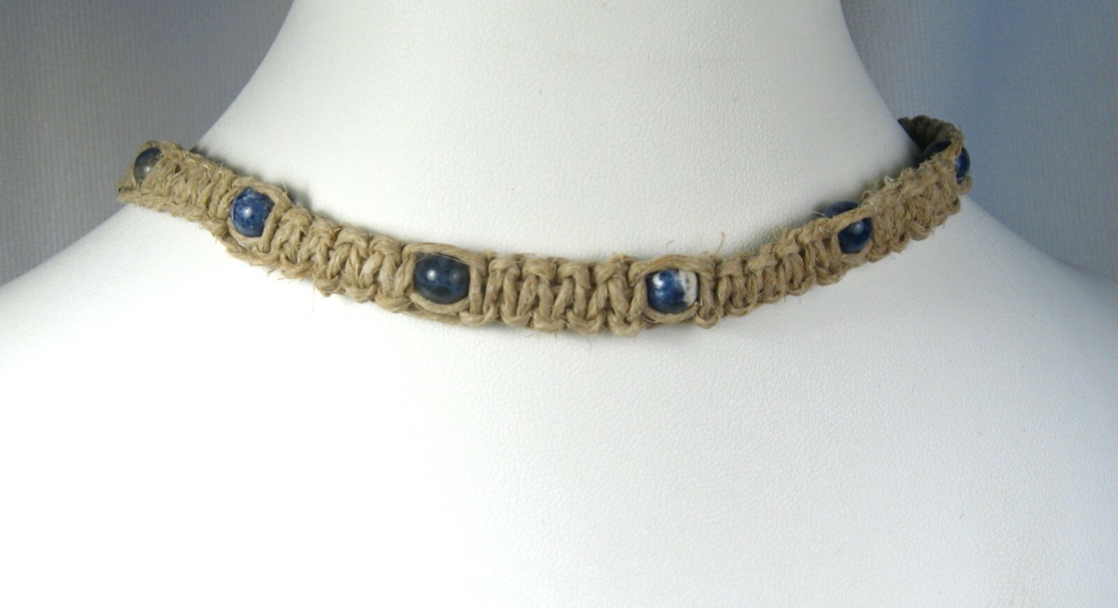 Handmade Flat Hemp Necklace with Sodalite Stone Beads