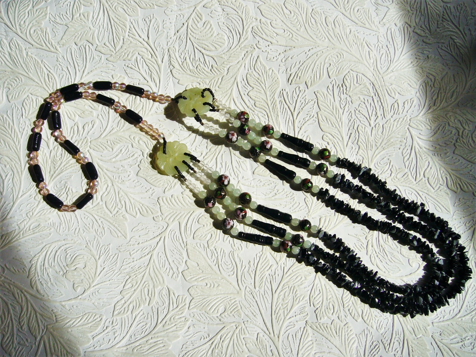 Long Necklace Snowflake Obsidian Aventurine w/ Black Cloisonne Floral Bead OOAK