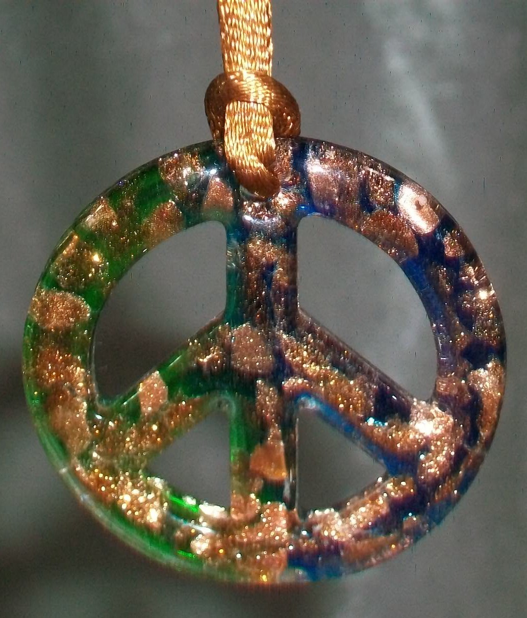 Blue Green Copper Peace Sign Art Glass Pendant Necklace Adjustable 38″ Silk Cord