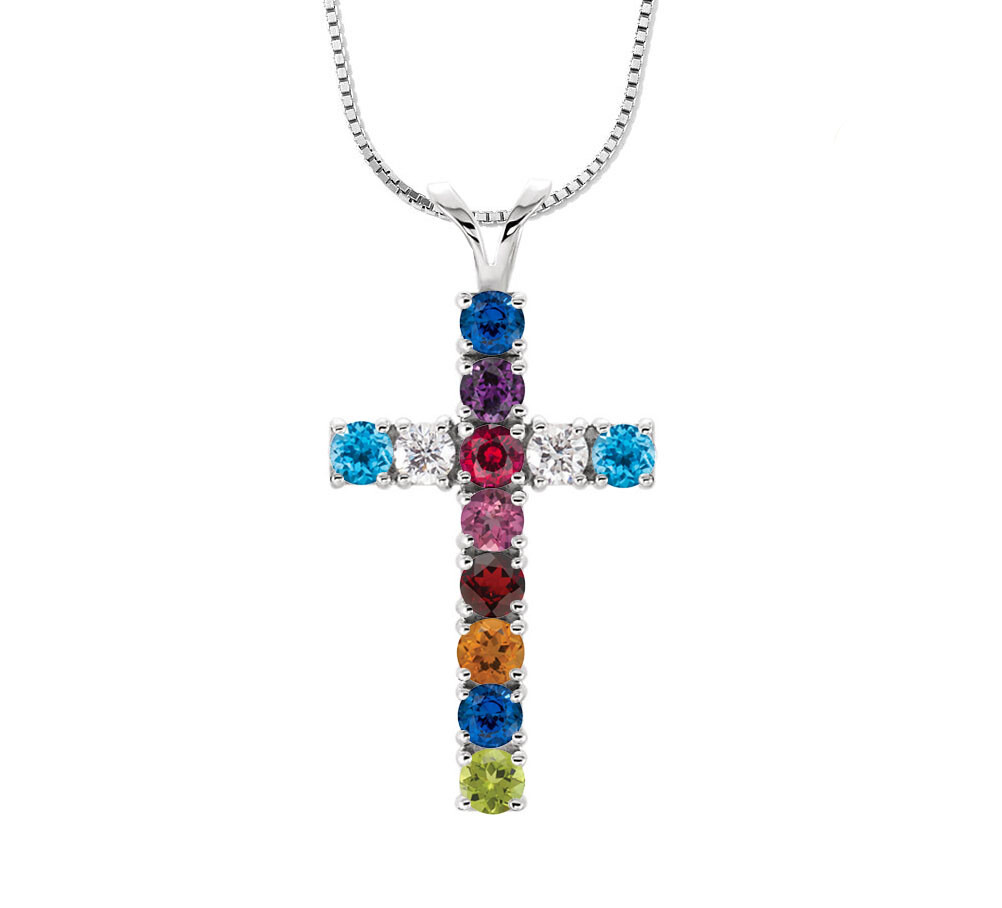 Cross Family Pendant in Sterling Silver 12 Round Birthstones