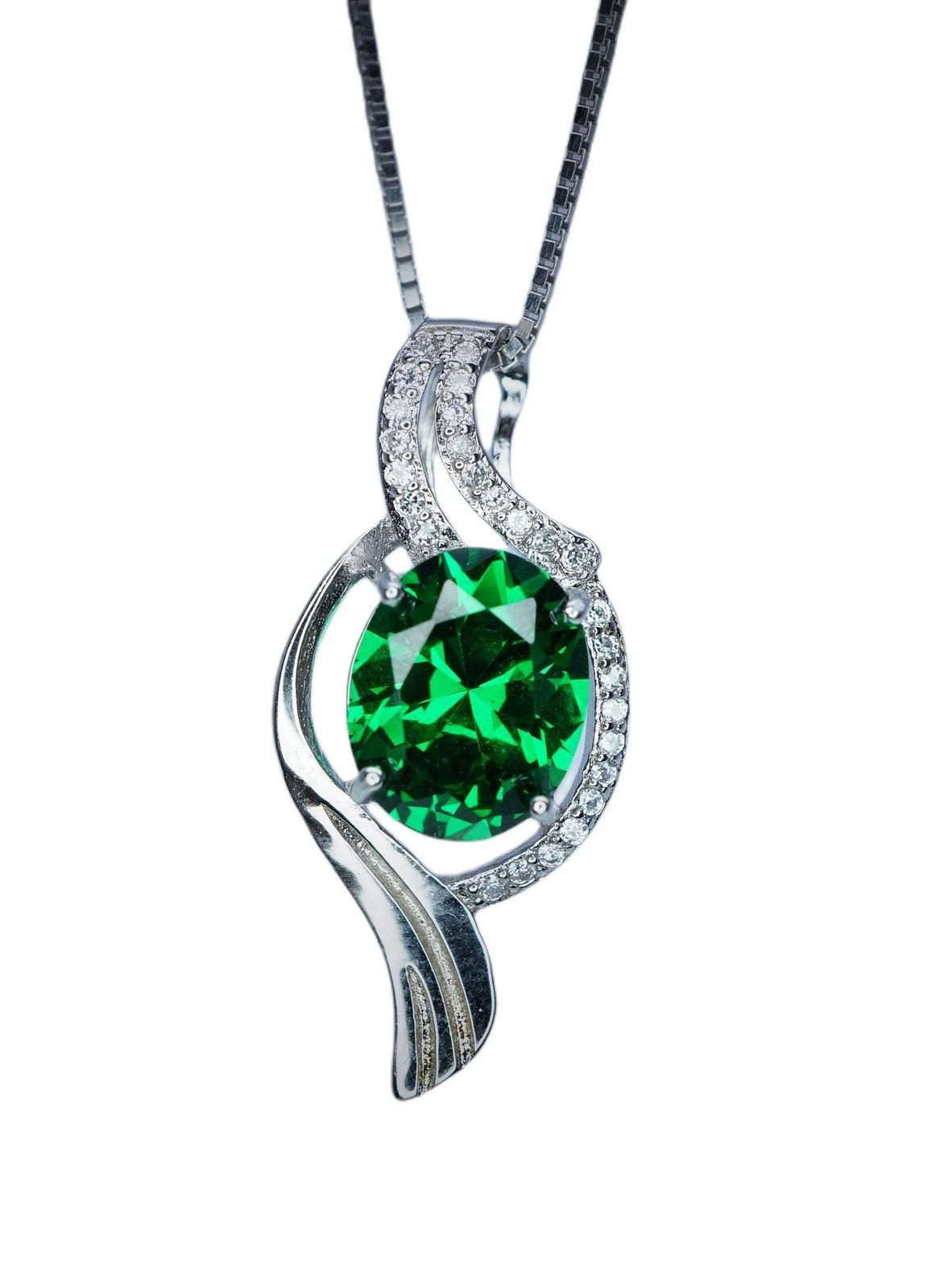Large Gemstone Wave Emerald Necklace White Gold coated Sterling Silver 2.8 CT