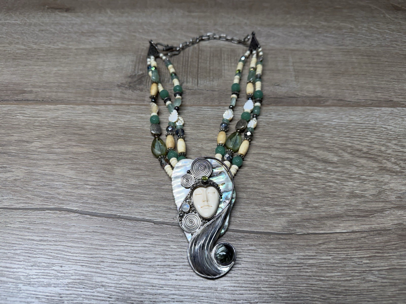 Unmarked Sterling Silver Sajen Carved Goddess Abalone & Gemstone Bead Necklace