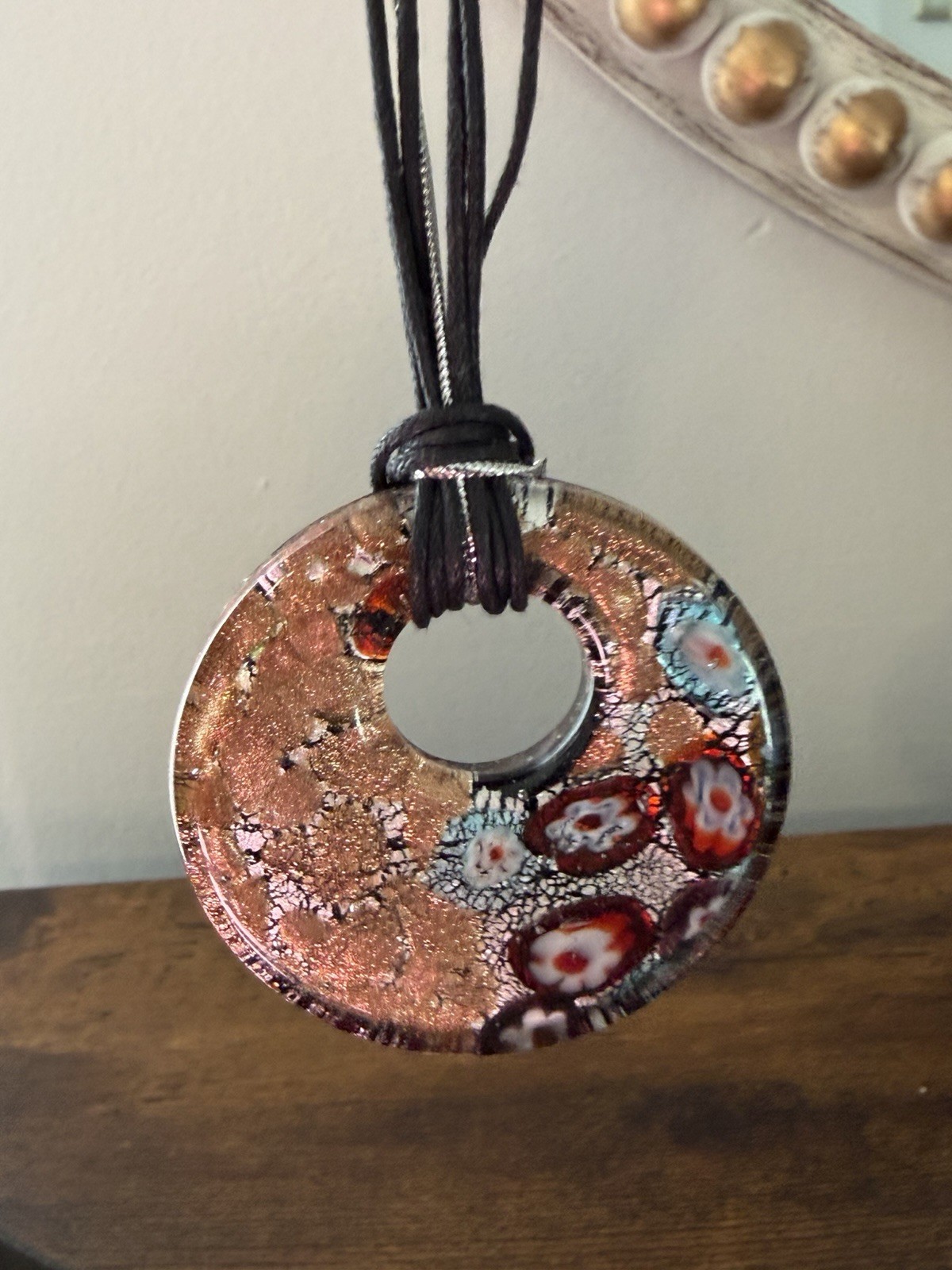 Italian Murano Style Millefiori Glass Pendant Gold Aventurine Necklace 2”
