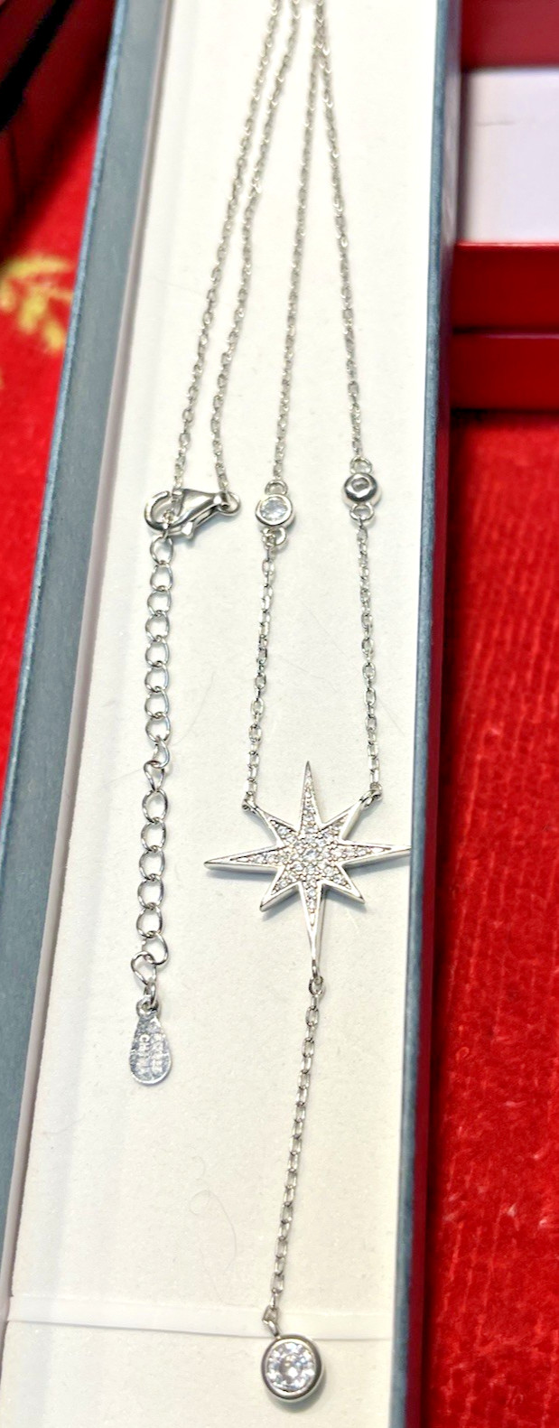 Vintage Sterling Silver 925 China, North Star Pendant, CZs & 3 Rnd CZs Necklace