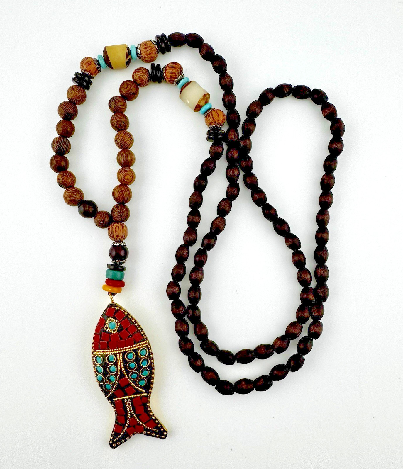 Artisan Mosaic Inlay Wood Bead Fish Pendant Boho Necklace Long Statement 32″