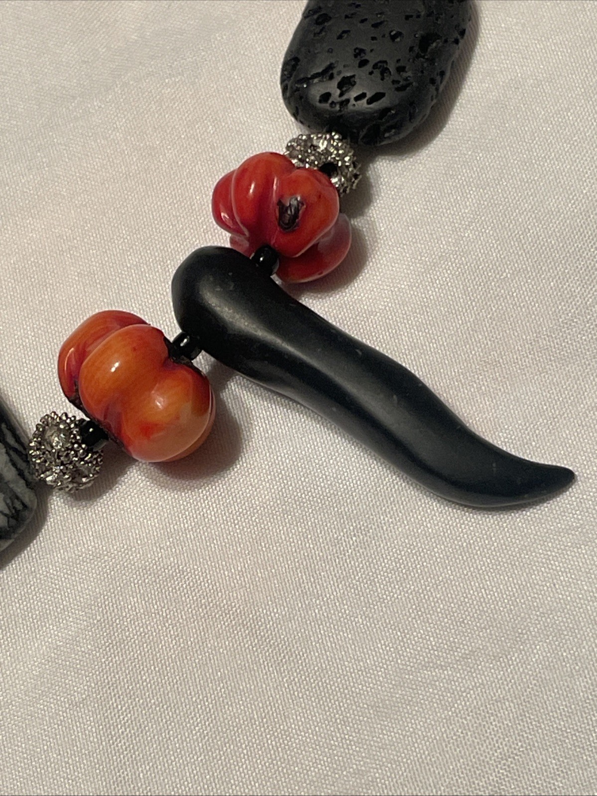 Lava Stone, Red Coral & Onyx Necklace – Handmade Mediterranean Jewelry
