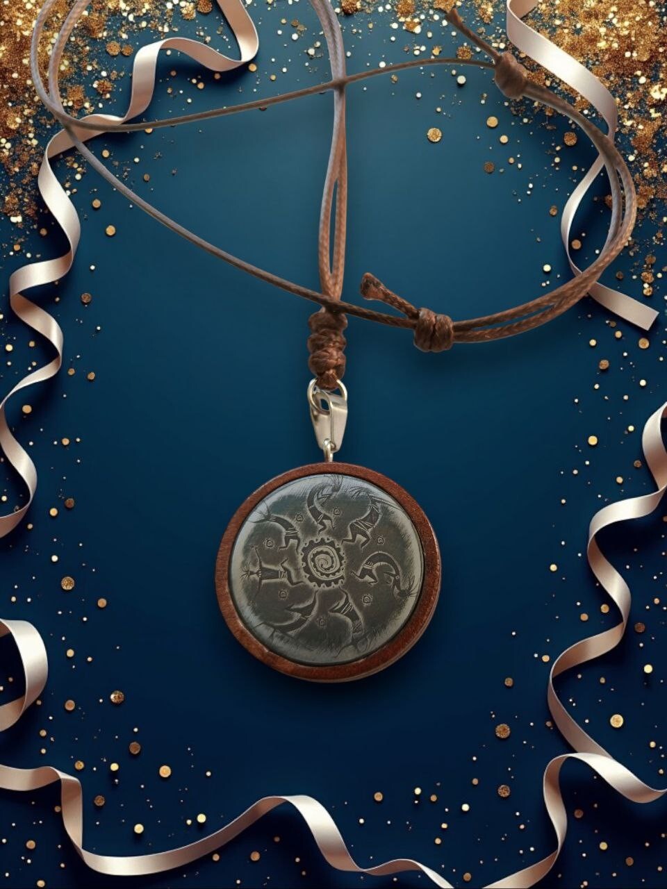 Handcrafted Wooden Pendant with Metal Token Insert and Kokopelli Engraving