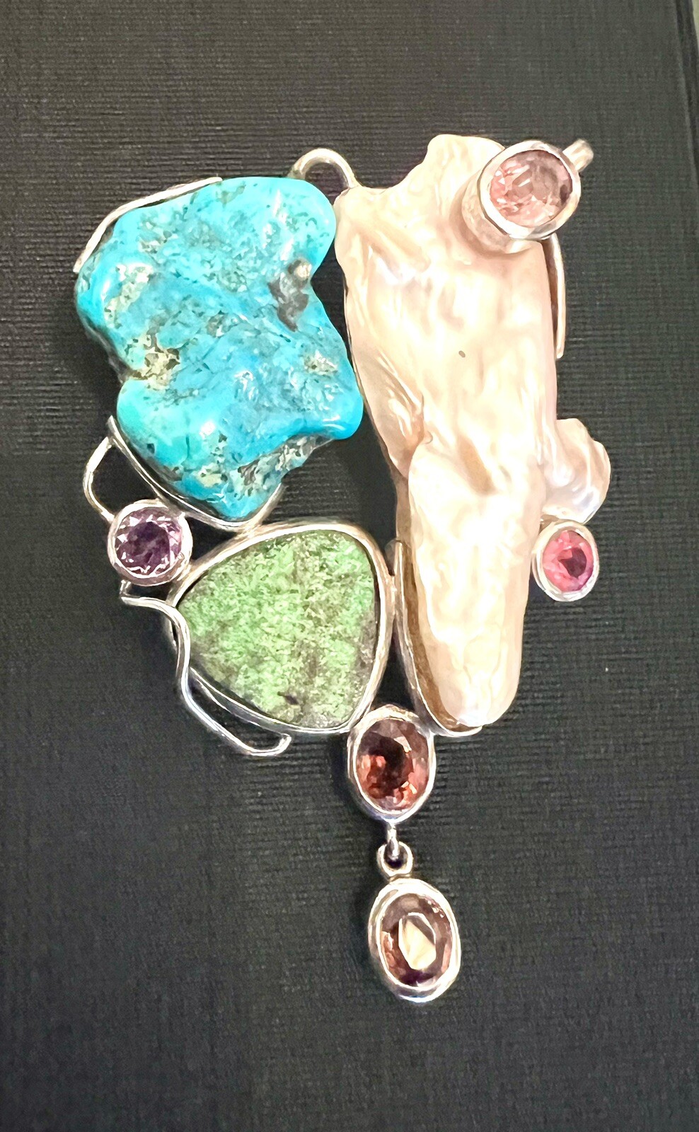 A Turquoise, Mexican pearl Uvarovite Garnet, Pink Tourmaline, Amethyst Pendant