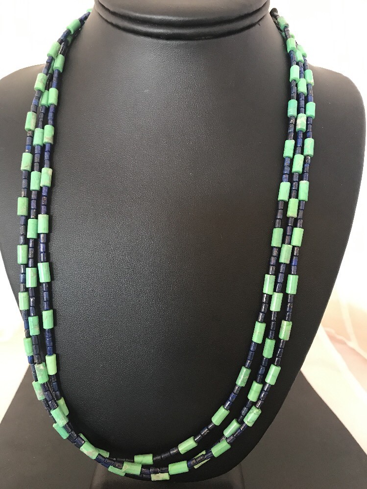 Lapis Turquoise Tube Beads 3 Strand Navajo Sterling Silver Necklace 24″ 3260