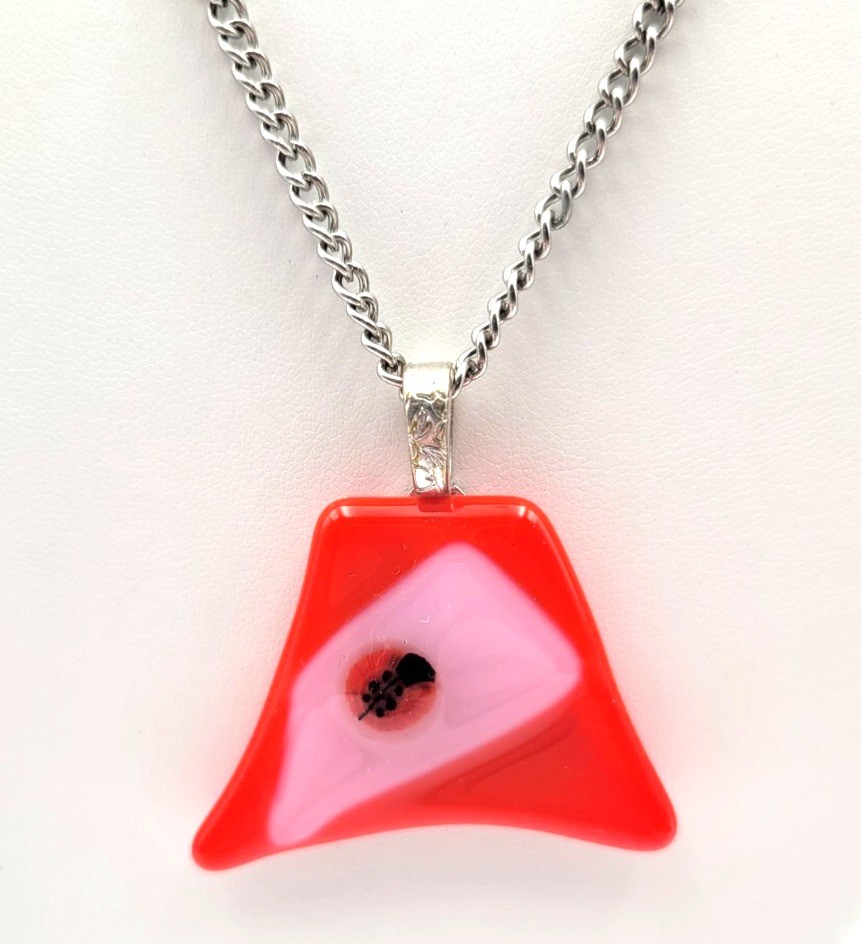 Fused Art Glass Ladybug Pendant Silver Tone Chain Artisan Red Pink 30″