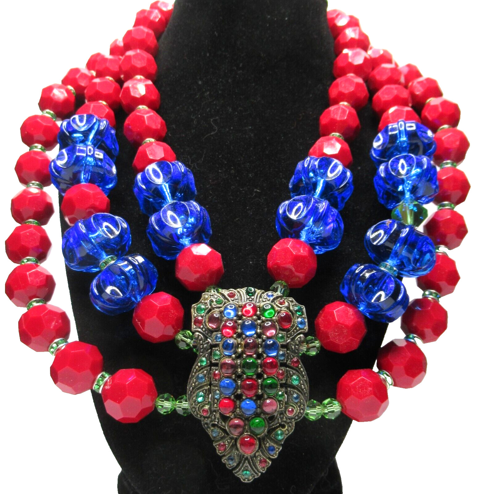 SUMARIS Stunning Red Blue & Green Bead Rhinestone Vintage Dress Clip Necklace
