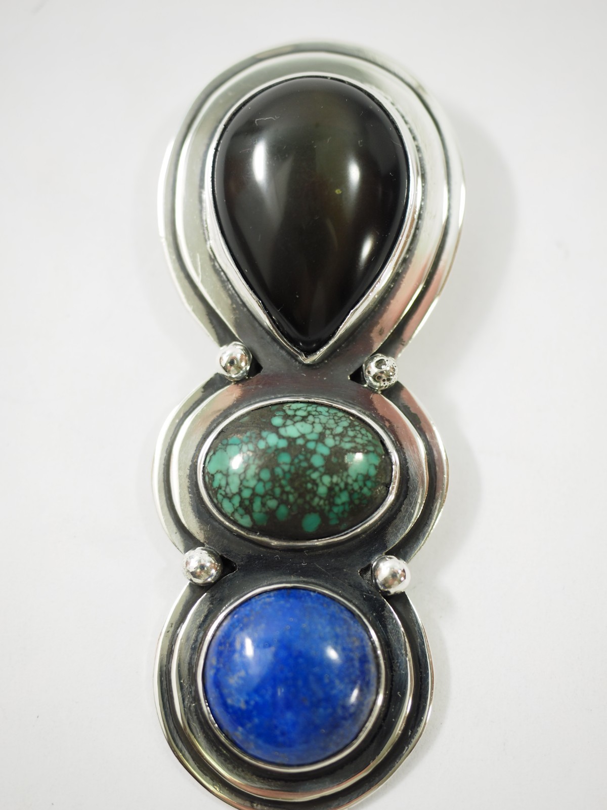 Great 3 stone Artisan Pendant Black Onyx Turquoise & Lapis Sterling Silver 3.3″