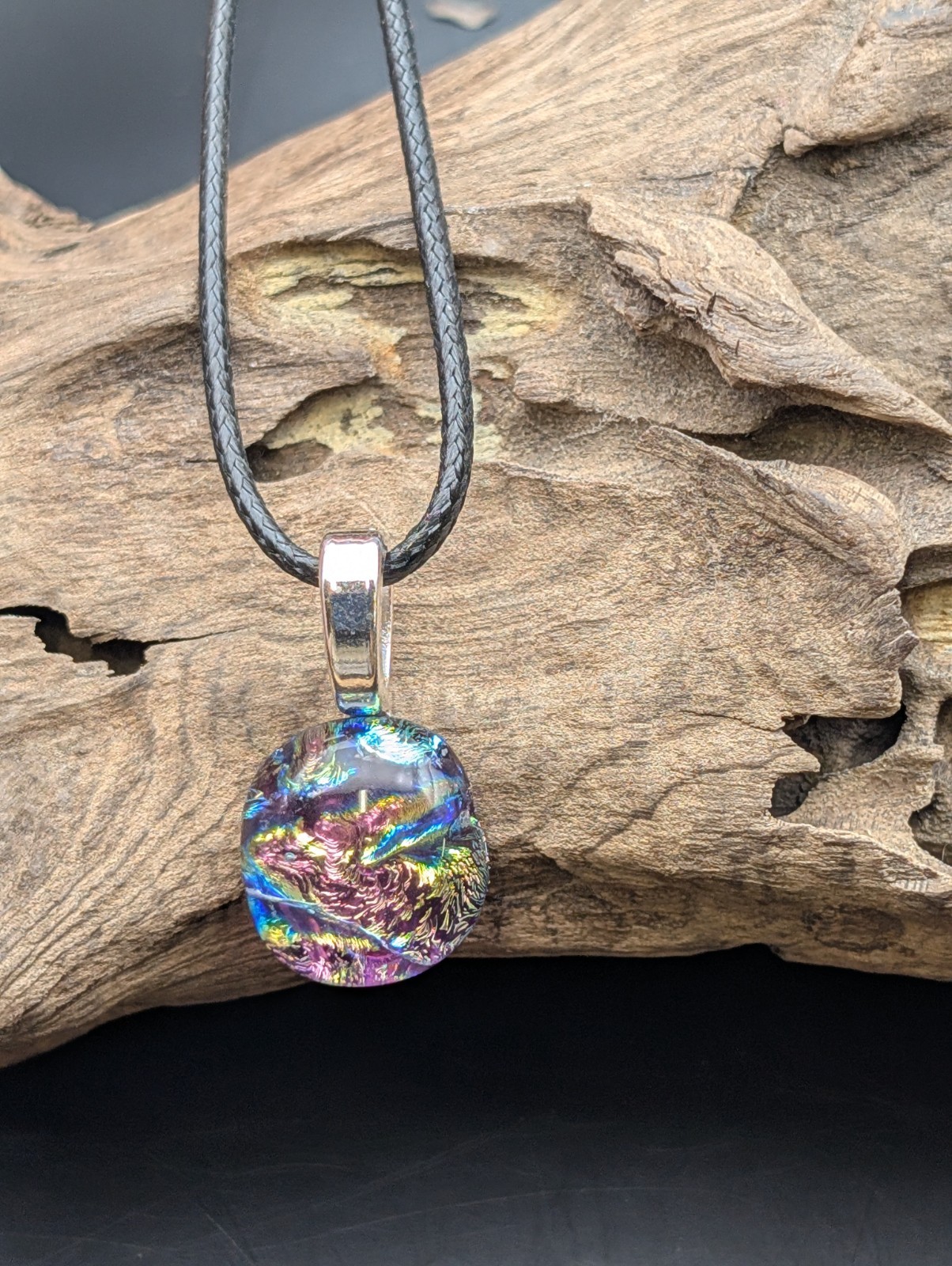 Purple Fused Glass Multicolor necklace Silver bail #16