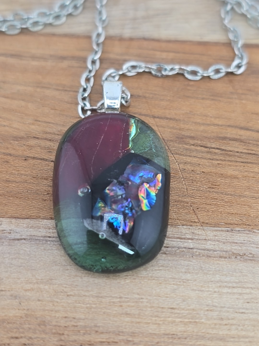 Vintage Hand Crafted Dichroic Fused Glass Pendant W/Chain