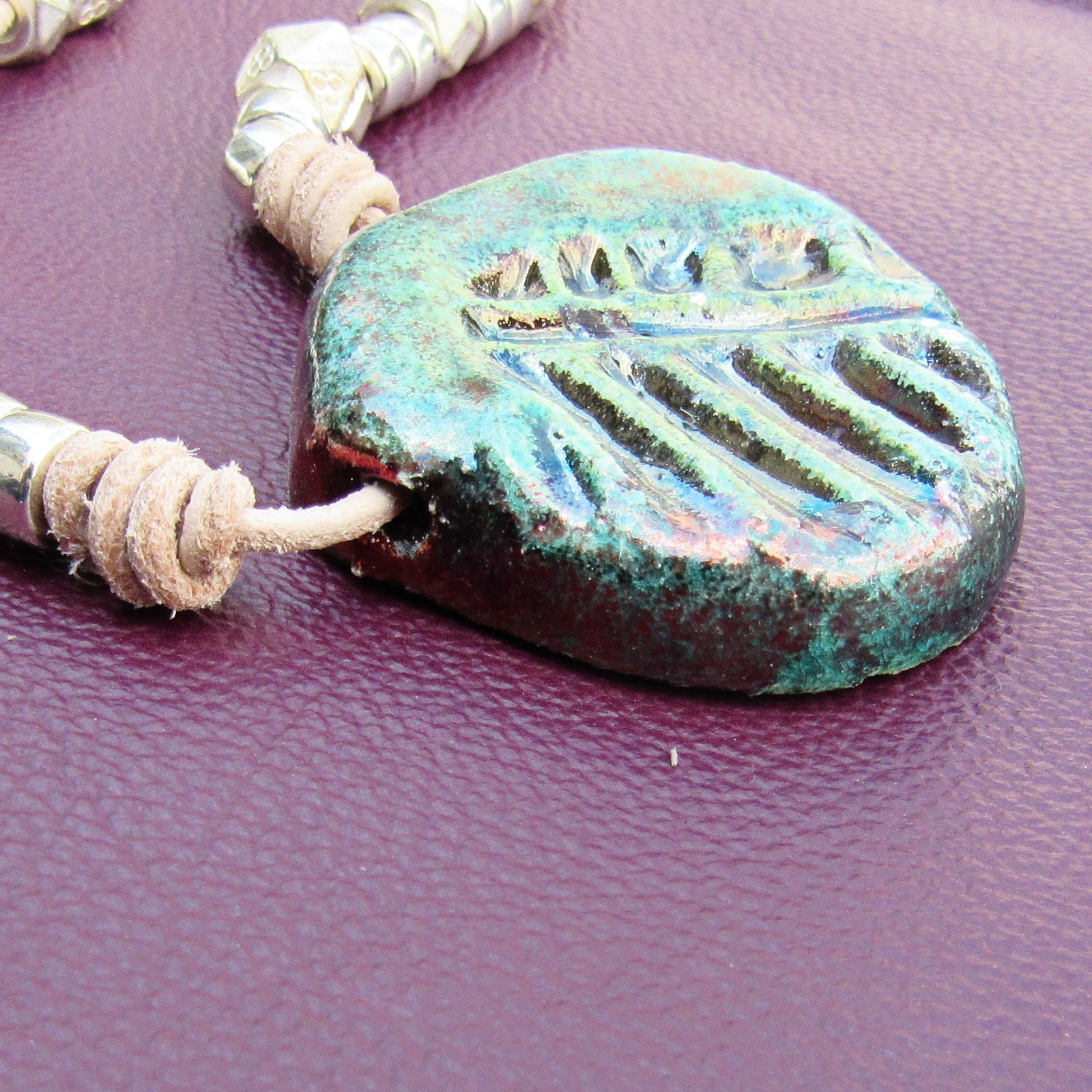 Leather Necklace with Blue Green Pottery Fossil Pendant, Silver Beads, Handmade