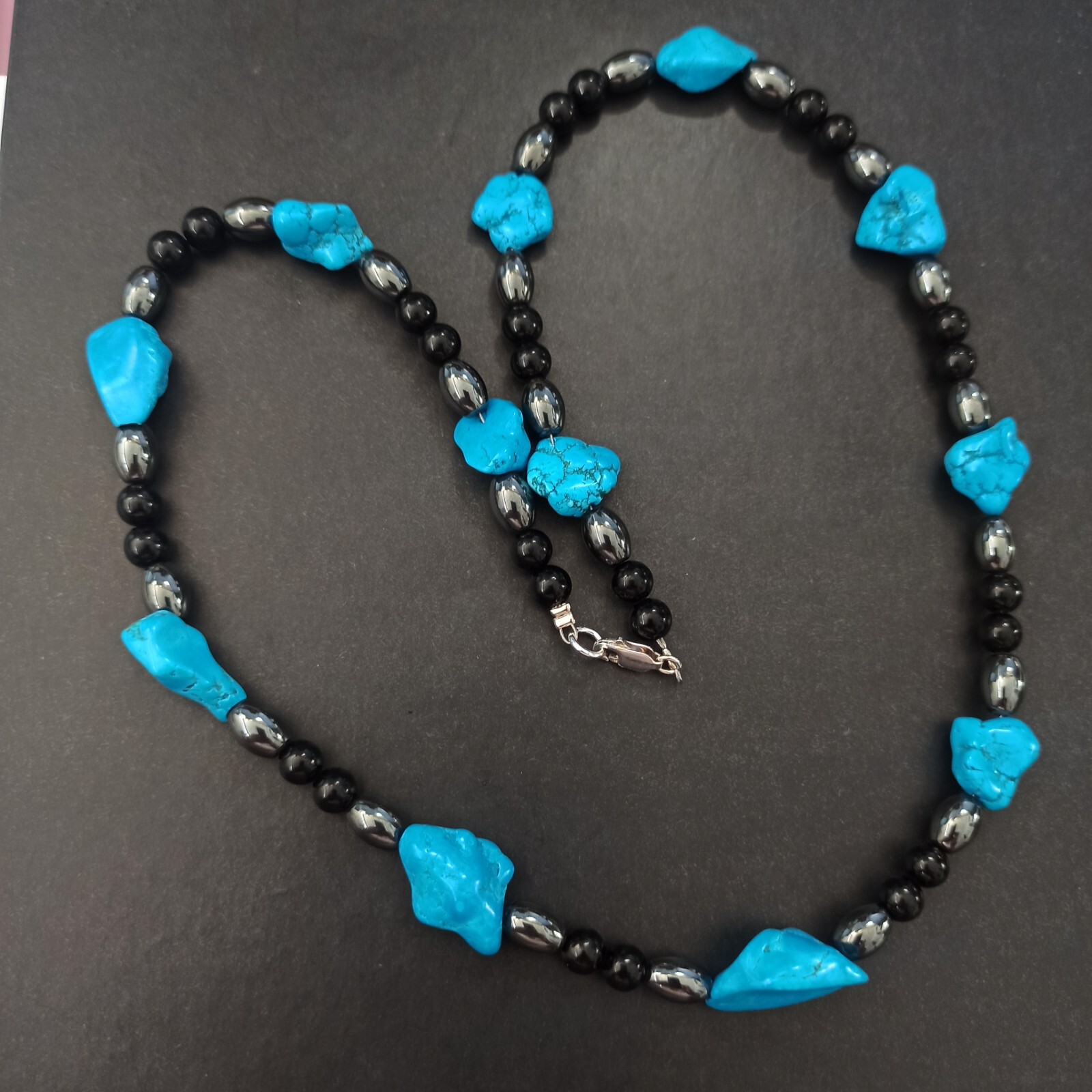 Bohemian Necklace Men Women Natural Turquoise Chunky OOAK Black Onyx Gift VTG