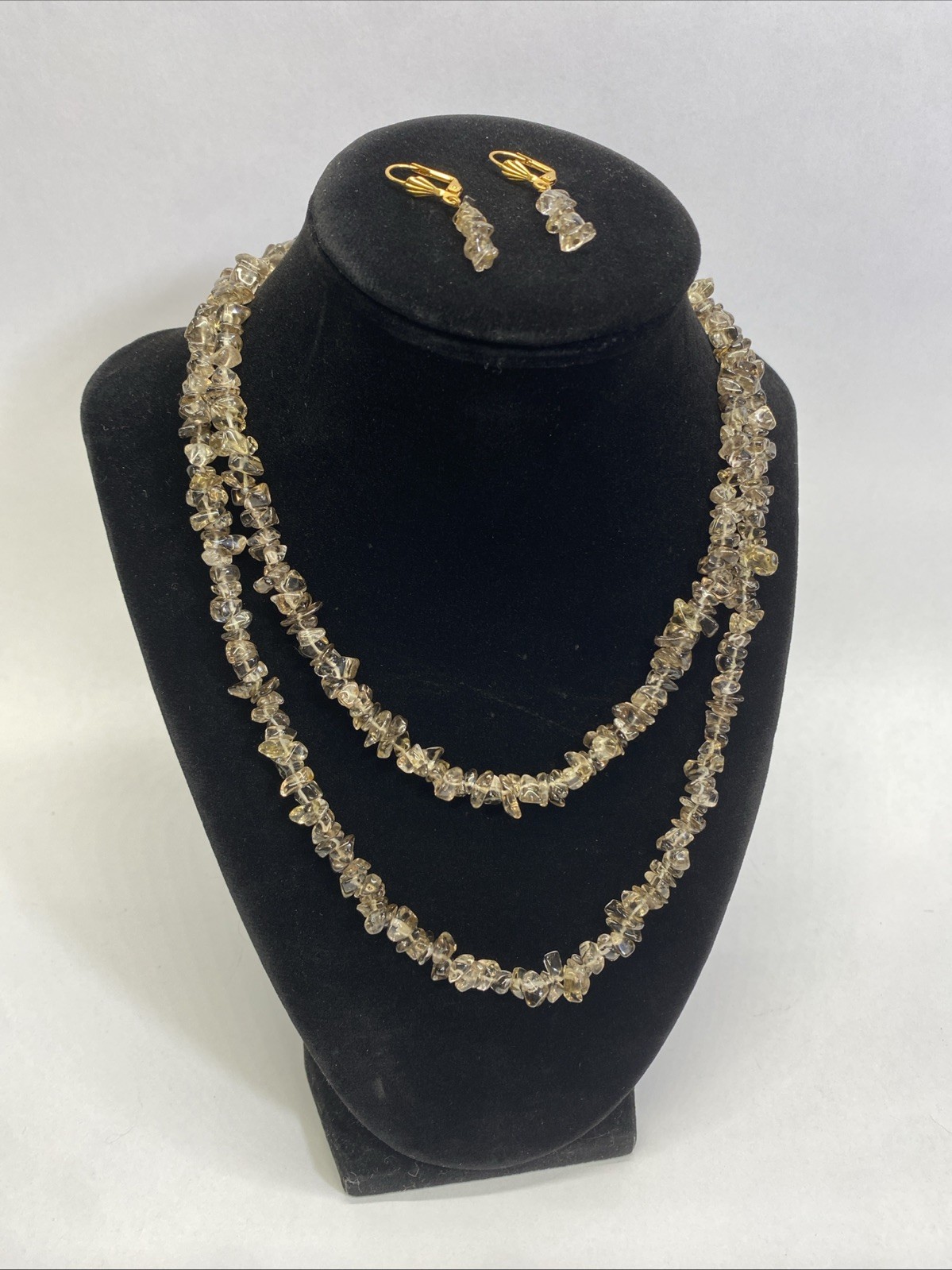 Smoky Chip Necklace Tumbled Stone 17” Wear As Single Or Doubled Strand-Earrings