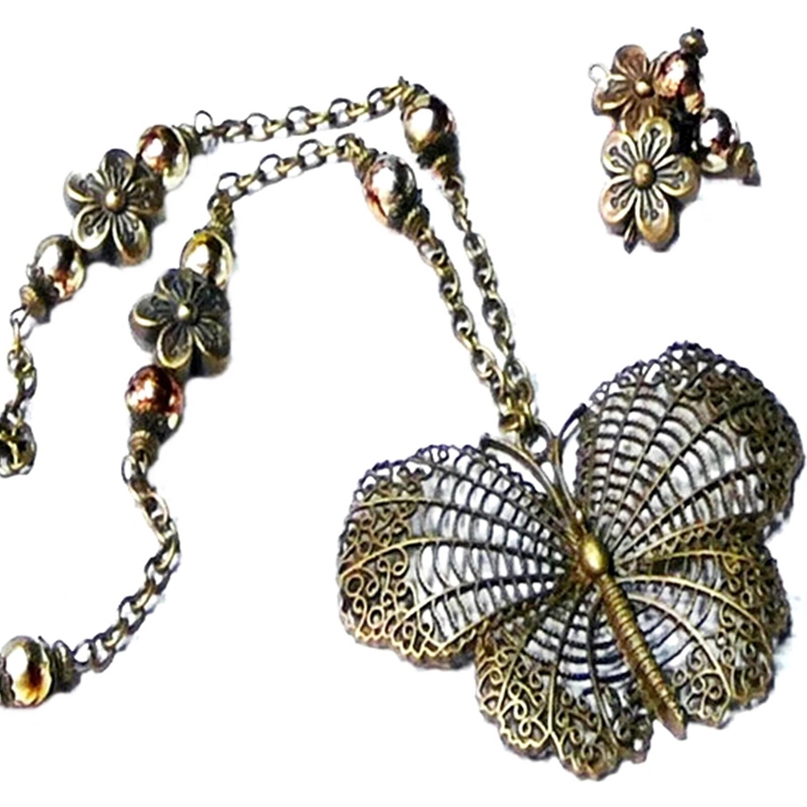 Butterfly charm necklace and earrings, Vintage style boho, clip on or pierced