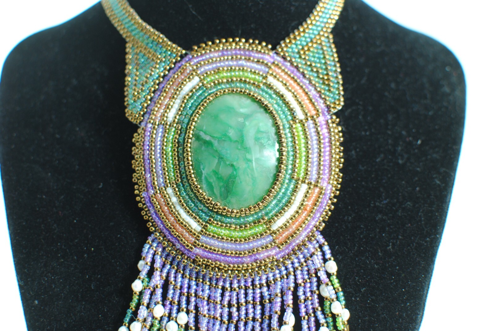 Seed Beaded Artist Design Drop Down Pendant Fringe Green Gemstone Necklace Sign