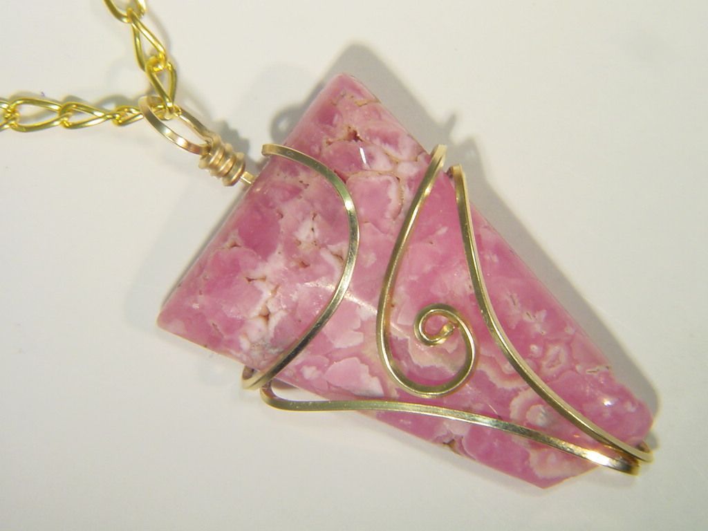 BUTW 14k Gold Fill Wire Wrapped Rhodochrosite 24 X 36mm Pendant Necklace 3216E