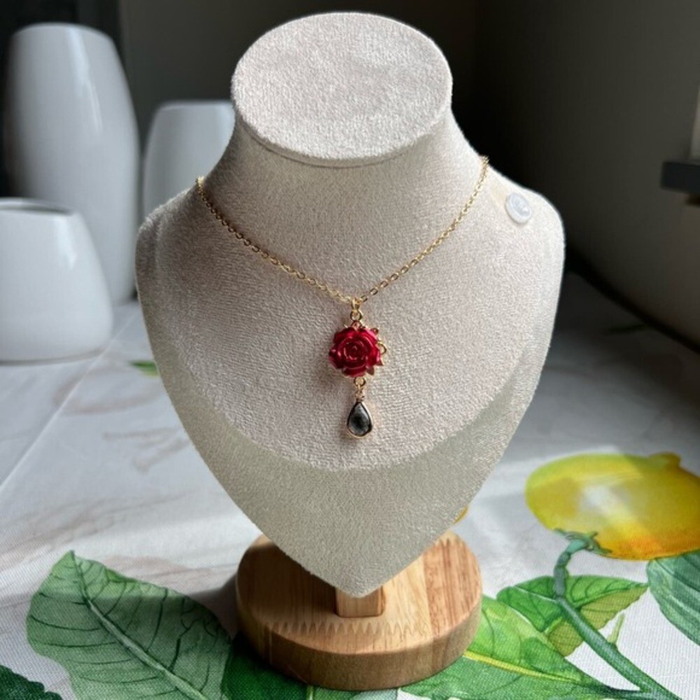 Novelty Necklace, Fun Necklace, Gray Tourmaline Necklace, Red Rose Charm, Pearl