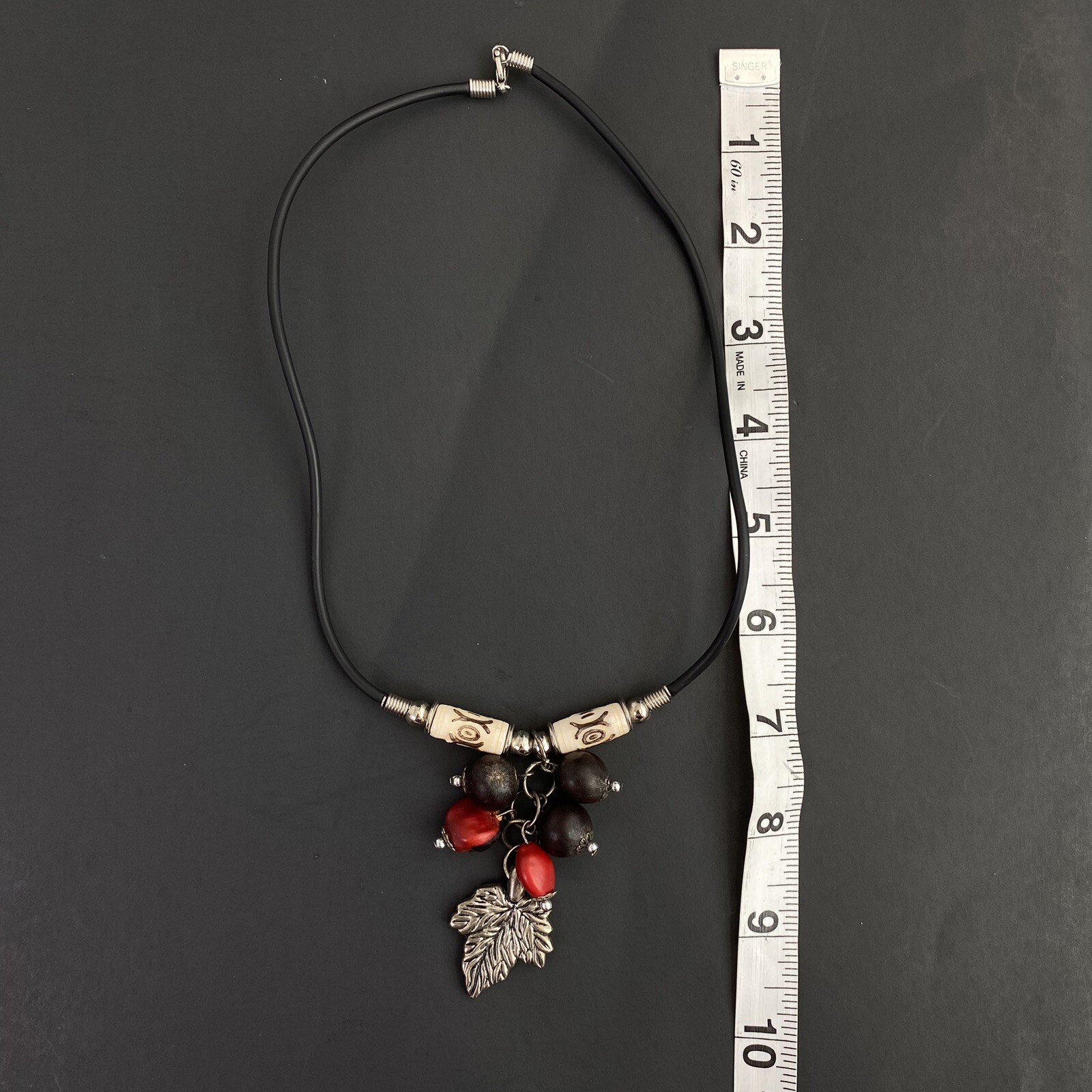 Leaf Pendant Silver Tone Corded Dangle Necklace Women’s W/Beaded Berry Cluster