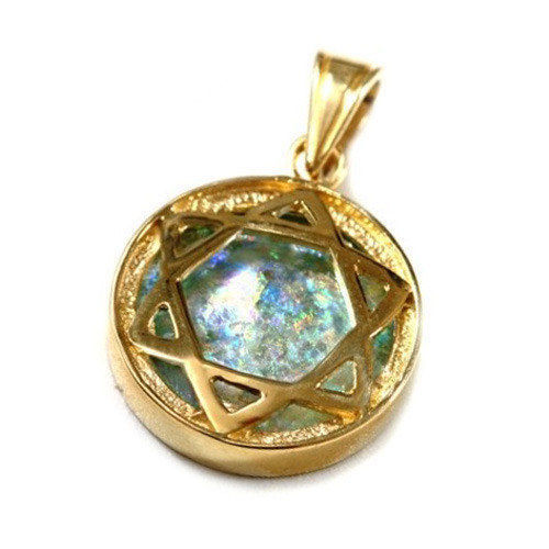 Roman Glass Jewish Star of David Pendant In 14K Yellow Gold Judaica Jewelry