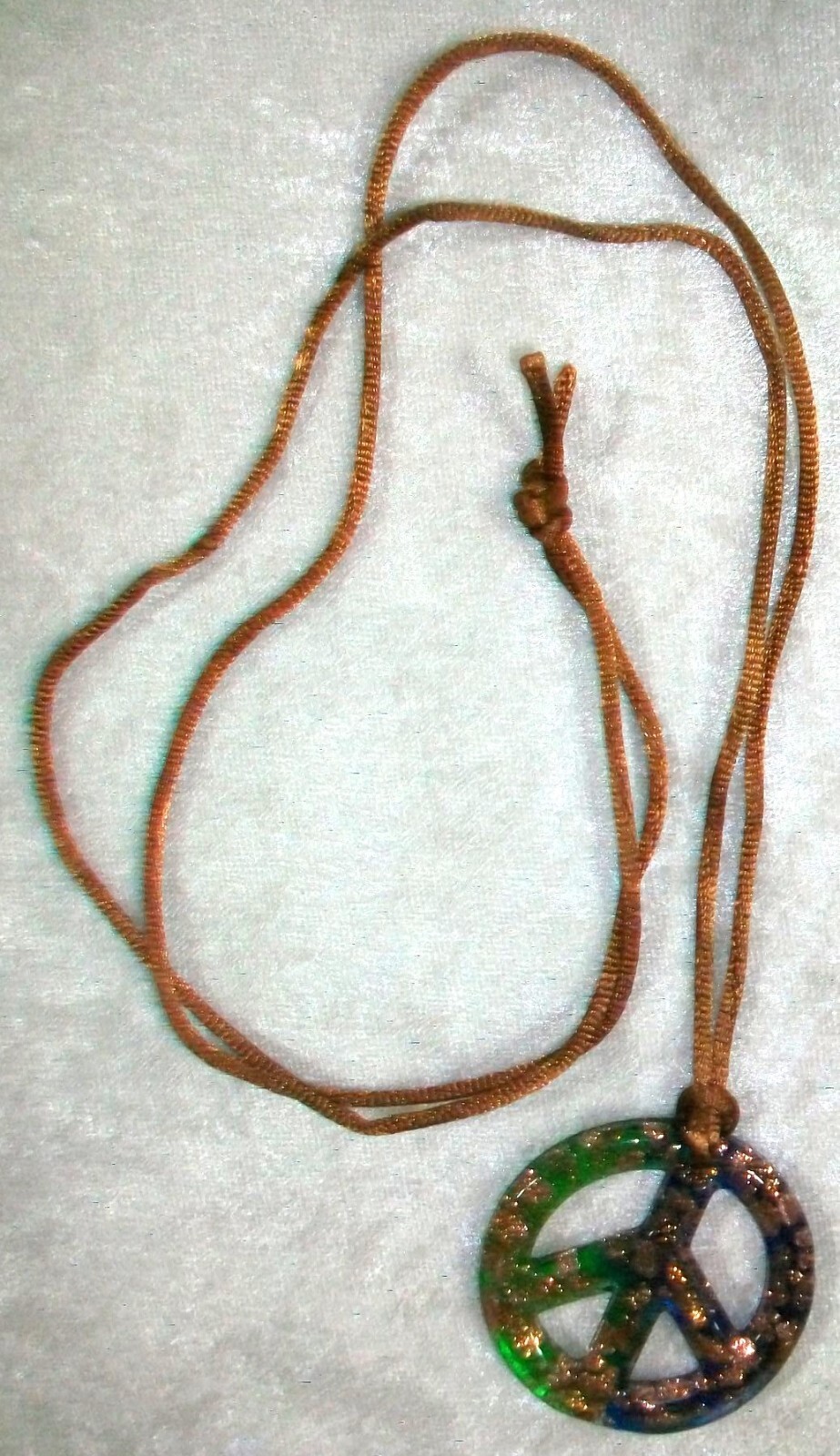 Blue Green Copper Peace Sign Art Glass Pendant Necklace Adjustable 38″ Silk Cord