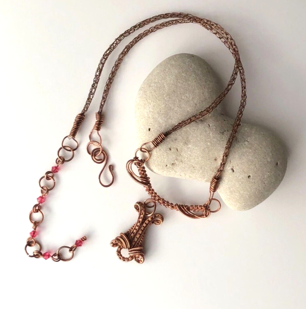 Copper Knit Necklace Wire Wrapped artisan hand crafted set Temple USA ooak