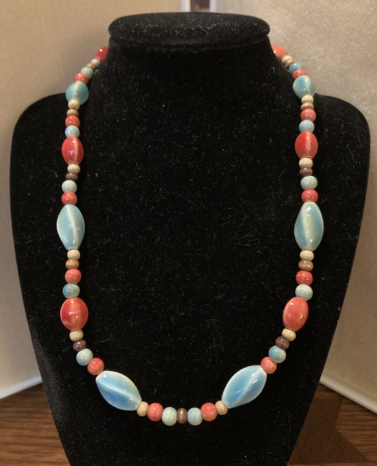 Handmade Necklace – Green & Orange Raku Ceramic Beads with Sm Wood Beads (#037)