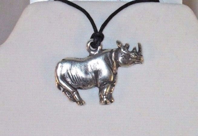 Rhinoceros Rhino Pendant Lead free Safe Pewter 1″ x 1-1/2″ Corded Made in USA