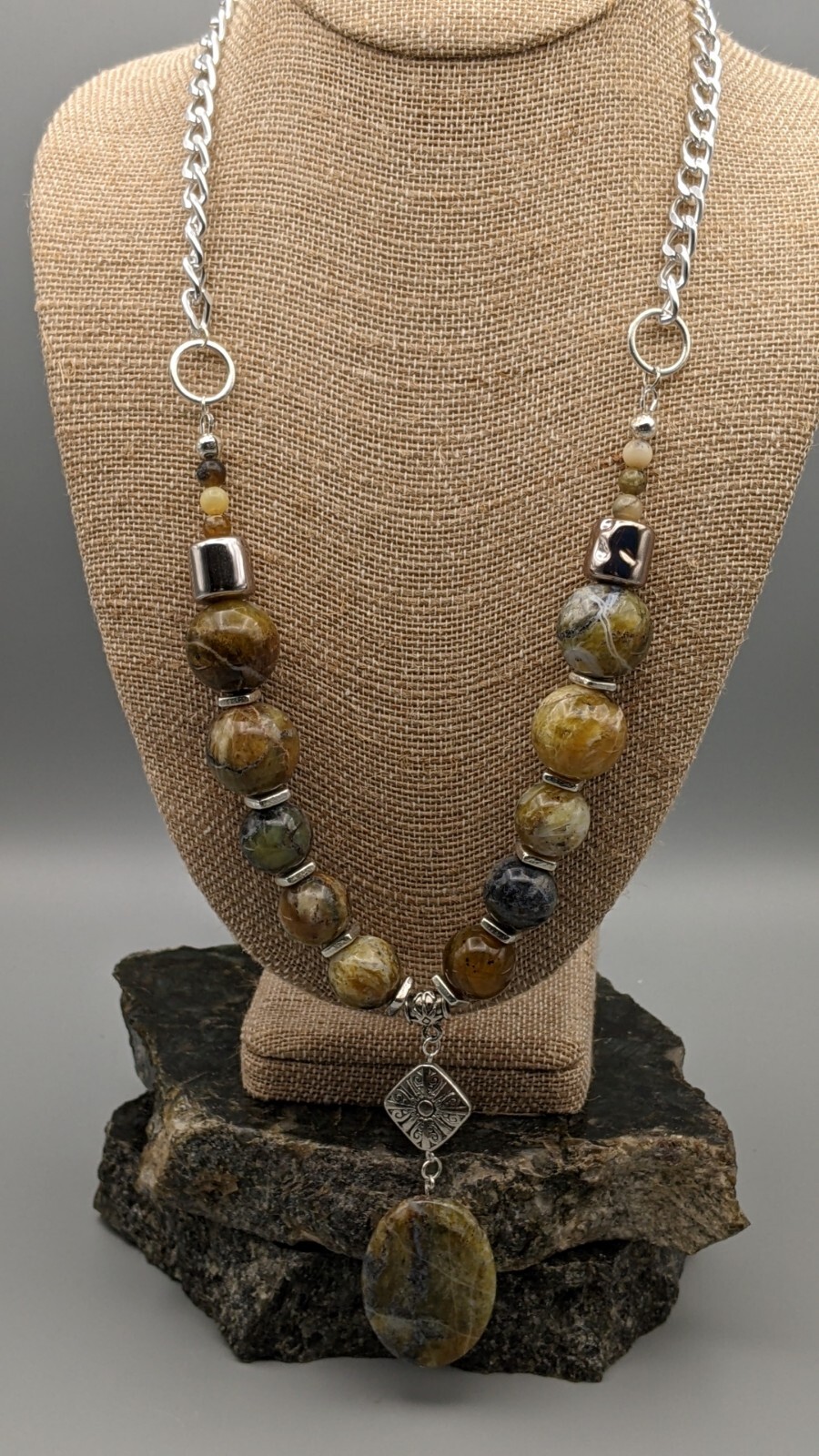 Handmade Beaded Statement Pendant Necklace Earth Tones African Opal Gemstones