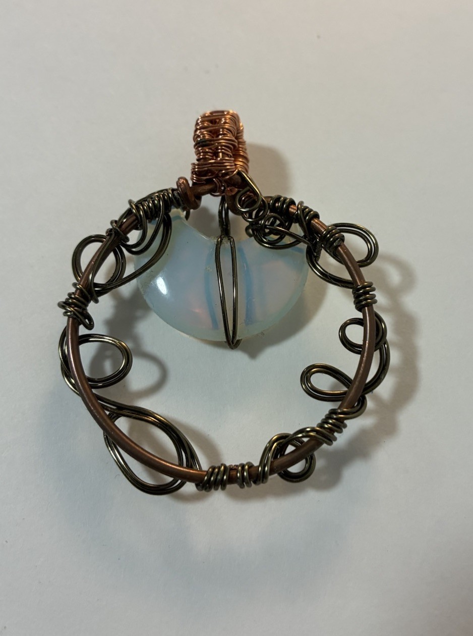 Handmade Wire Wrapped Opalite Crescent Moon Pendant Bronze Copper Tone Boho