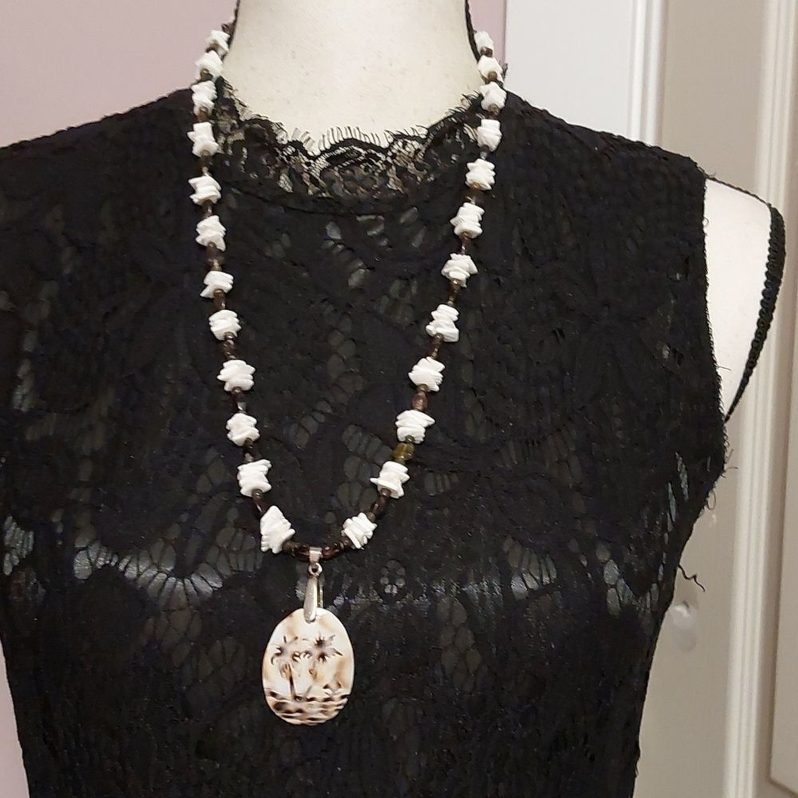 Carved Shell Tropical Island Pendant Long Beaded Necklace Toggle Clasp