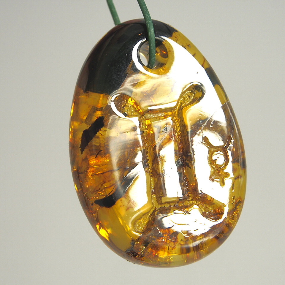Mexican Amber Zodiac Pendant with Gemini and Mercury